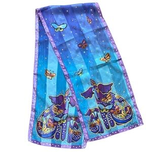 Laurel Burch 100% Silk Striped Butterfly Dog Polka Dot Rectangular Scarf
